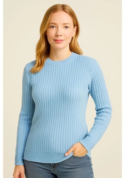 Butik İstanbul Bisiklet Yuvarlak Yaka Triko Kazak Pamuklu Kalın Fitilli Dokuma, Regular Fit Uzun Kollu Kışlık Model - Bebe Mavisi
