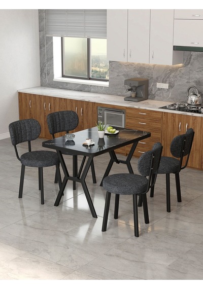 Azra 70x110cm Bendir Mutfak Masası, Mutfak Masası Takımı, Yemek Masası, 4 Antrasit Sandalye Antrasit
