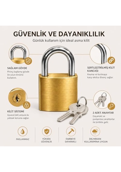 32 Mm Pirinç Gövdeli Asma Kilit Anahtarlı Kilit Paslanmaz Çelik Kanca Orta Boy Güvenlik Kilidi Kapı Dolap Depo Ça