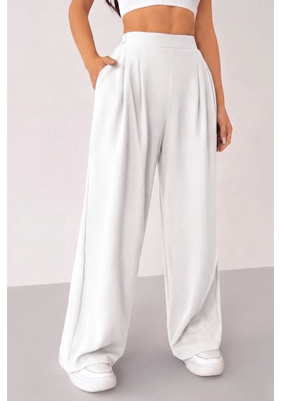 Genius Store Kadın Pantolon Scuba Krep Kumaş Beli Lastikli Cepli Pileli Geniş Paça Palazzo Pantolon Scuba-crep Beyaz