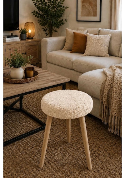 Solo Teddy Kumaş Kaplı Tabure Puf Makyaj Masası Mutfak Balkon Salon Ahşap Ayaklı Tabure Krem Krem