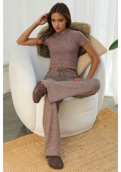 Hiccup Slim Fit Triko Crop Bluz Kestane Kahvesi