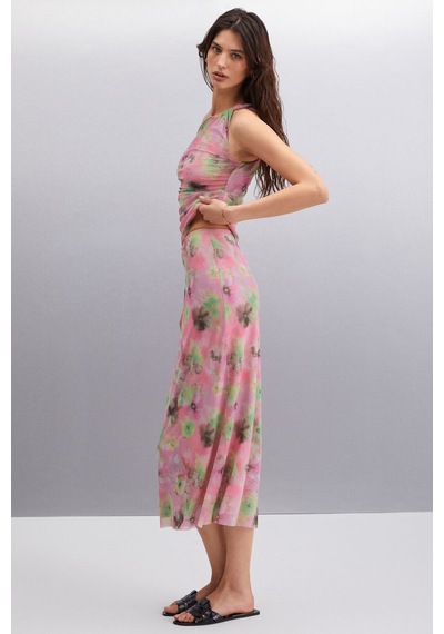 Ethıquet Jaxie Kadın Slim Fit Su Desenli Tül Astarlı Pembe Etek