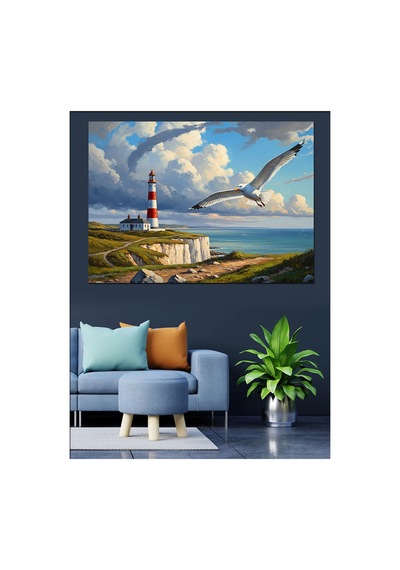 Deniz Feneri Ve Martılar Manzarası Yağlı Boya Dokulu Kanvas Tablo Canvas Tablosu