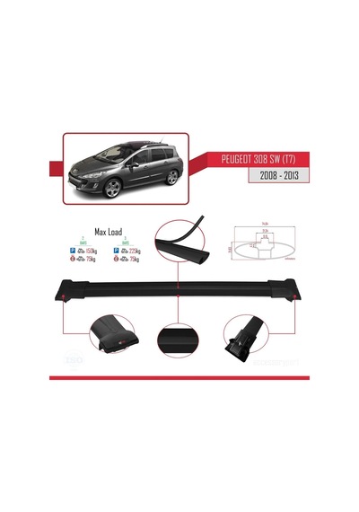Peugeot 308 Sw T7 2008-2013 Arası İle Uyumlu Fly Model Ara Atkı Tavan Barı Siyah