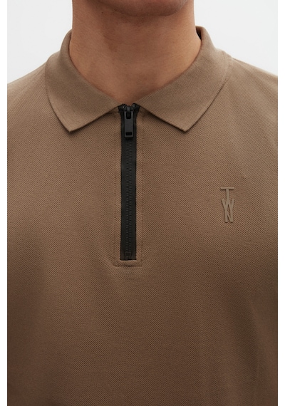 Twn Slim Fit Vizon Pike Dokulu Yarım Fermuarlı Polo Yaka T-shirt 4ec14ortfrplo Vizon