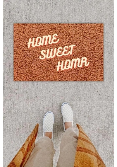 Dijital Baskı Dekoratif Home Sweet Home Kahverengi Kapı Önü Paspası K-1236 Renkli