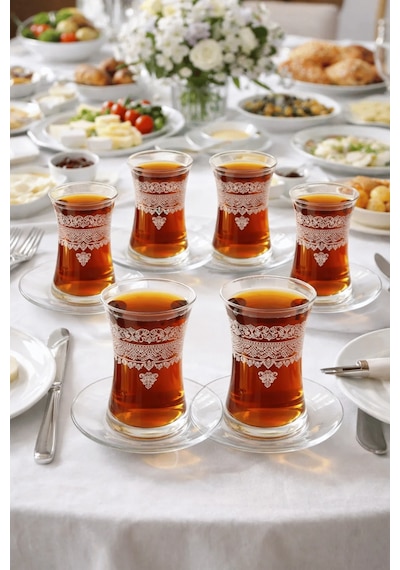 Imperial Model Desenli Şeffaf Cam Çay Seti 12 Parça Çay Takımı Şeffaf