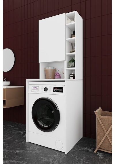 Asra Trend Çamaşır Makinesi Üstü Banyo Dolabı BD-02 %100 MDF Kapaklı Organizer Raf Beyaz
