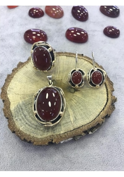 Akik Taşlı El Işi Gümüş Set 925 Ayar (380210604)