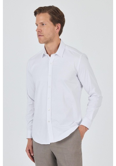 İmza Uzun Kol Düz Bez Ayağı Sert Yaka Cepsiz Pamuklu Classic Slim Fit Gömlek 1004250195 Beyaz