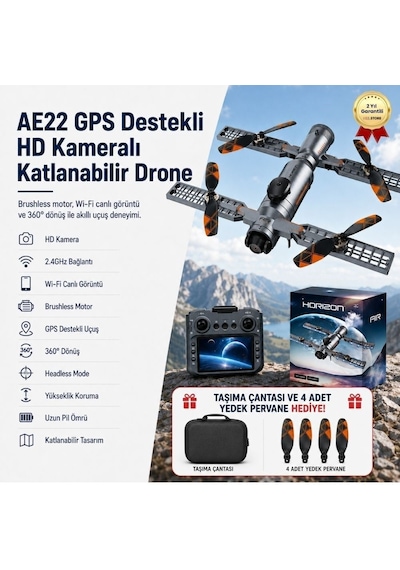 Ae22 Gps Destekli Hd Kameralı Katlanabilir Drone Brushless Motor, Wi-fi Canlı Görüntü, 360 Dönüşlü Drone-1693