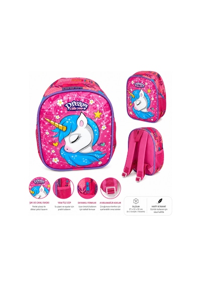 Kız Çocuk Desenli Okul Çantası Anaokulu İlkokul Sırt Çantası 27x37 Cm Pembe