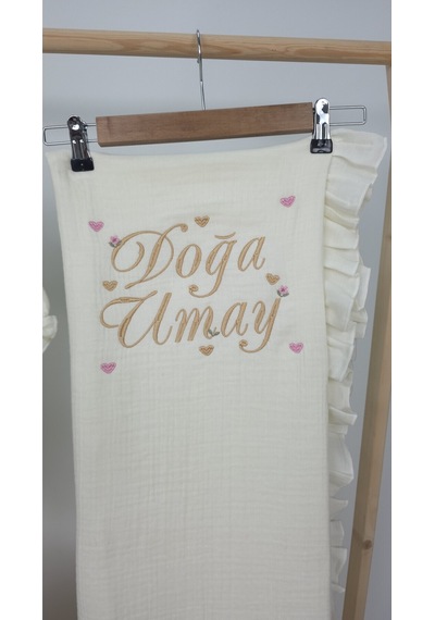 Gros Shop Müslin Yeni Doğan 4katlı Organik %100pamuk Kişiye Özgü Nakışlı Hastane Çıkış Seti Çoklu Kalp-1 Ekru-2