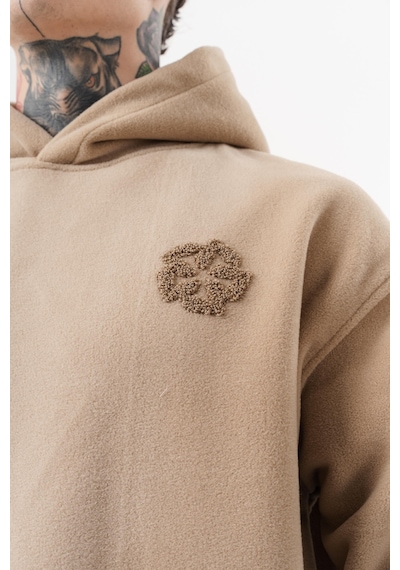 Respire Erkek Süzene Nakış Detaylı Kapüşonlu Oversize Polar Hoodie Bej