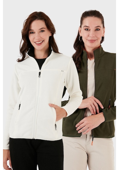 Lela Slim Fit Anti-Pilling Tüylenme Yapmayan Fermuarlı Cepli Hırka 2' Li Paket Bayan Polar 5907002S2 Ekru-Haki