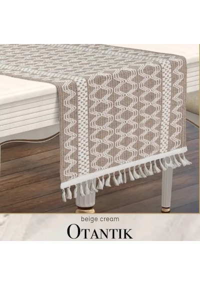 Masa Üzerine Runner, Sehpa Örtüsü Fransız Dantel Detaylı Otantik 40 X 140 Cm Bej Krem