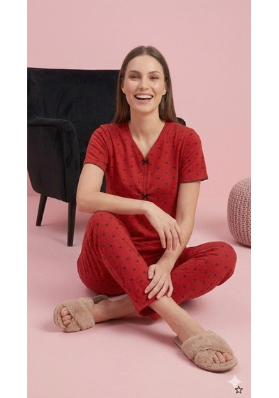 Sleeproom Yazlık Kırmızı Kalp Desenli Kısa Kol Penye %100 Pamuk Pijama Takım Kırmızı Siyah Kalp