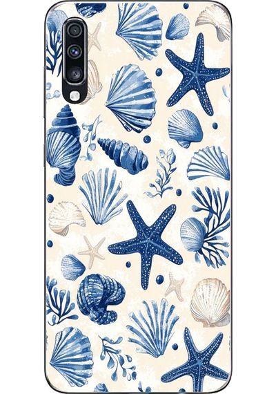 Samsung Galaxy A70 Uyumlu Mavi Deniz Kabuğu Ve Yıldız Desenli Baskılı Silikon Kılıf Renkli