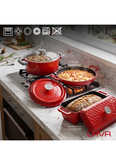 Lava Döküm Ekmek Pişirme Seti 3'lü Ekmek Ustası Kırmızı