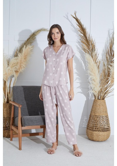 Sevim Kadın Kısa Kol Önden Düğmeli Pudra Pijama Takım C1t2n951 001