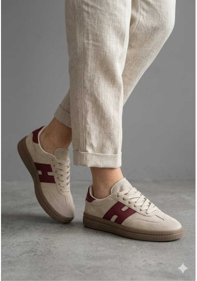 Mcdark Kadın Bej Bordo Süet Sneaker Ayakkabı