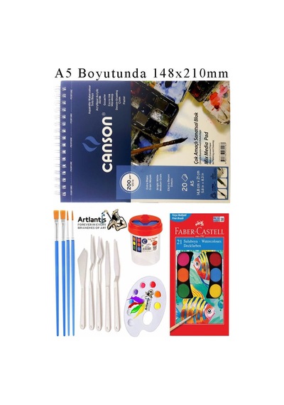 Canson Çok Amaçlı Sanatsal Blok A5 200 Gr 20 Yaprak 1 Adet 21 Renk Sulu Boya Fırça Palet Spatula Fırça Temizleme Kabı
