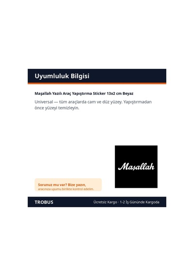 Trobus Maşallah Yazılı Araç Yapıştırma Sticker 13x2 Cm Beyaz