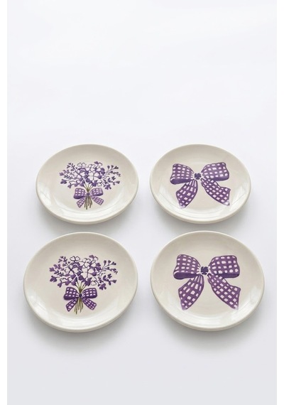 Lila Gift 4 Lü Seramik Tatlı Tabağı 16 Cm Lila Çiçek Desenli Pasta Kahvaltı Sunum Tabak Seti Şık Beyaz