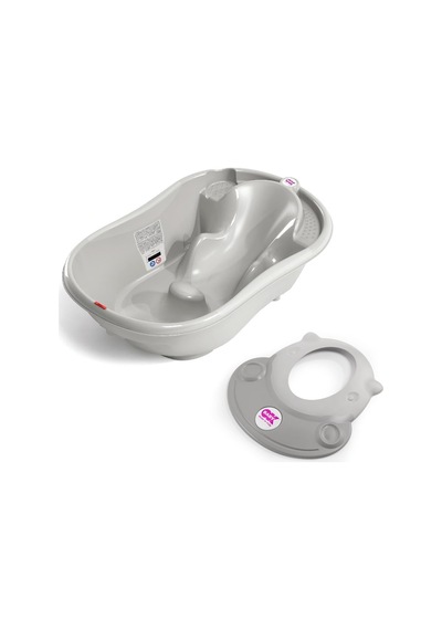 Okbaby Bebek Banyo Seti Onda Dijital Termometreli Çift Yönlü Küvet + Hippo Duş Şapkası A.gri