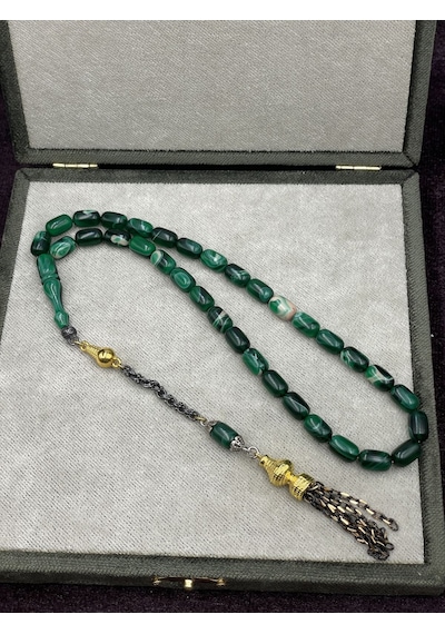 Gold Renkli Alpaka Aksamlı Sıkma Kehribar Tesbih Yeşil Tonları, 7x11 Mm