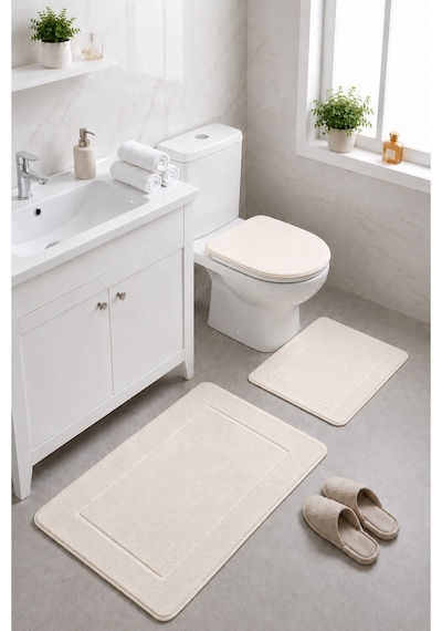 Krem 3'lü Banyo Halısı Paspası Seti Kaymaz Tabanlı Yıkanabilir Klozet Takımı Venisa