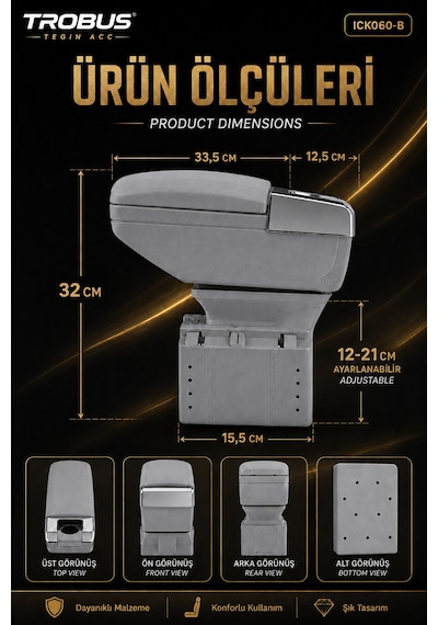 Trobus Fiat Stilo 2001-2007 Uyumlu Premium Gri Sürgülü Ayarlanabilir Ayaklı Kolçak Kol Dayama