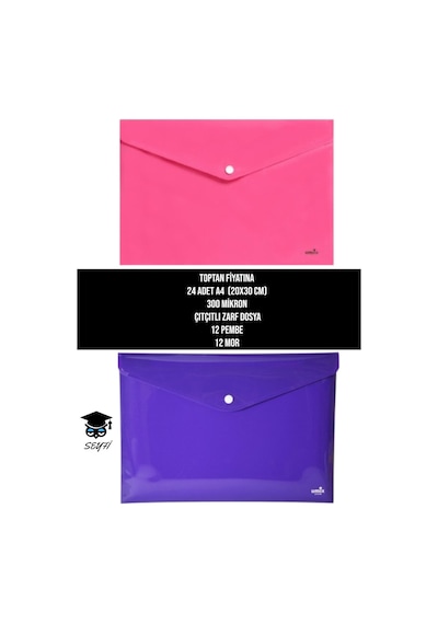 Toptan Fiyatına 24 Adet A4 20x30 Cm 300 Mikron Çıtçıtlı Zarf Dosya 12 Pembe 12 Mor Diğer