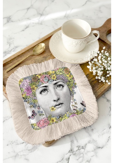 Çiçekli Portre Püsküllü Sunum Peçetesi - Vintage Bohem Pastel Krem Bardak Altlığı Mendil Sisli Açık Hardal