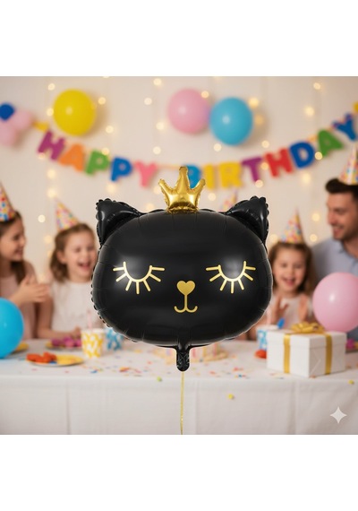 66 Cm Grabo Siyah Kedi Kafası Taçlı Folyo Balon - Doğum Günü Parti Dekorasyon Balonu Çok Renkli