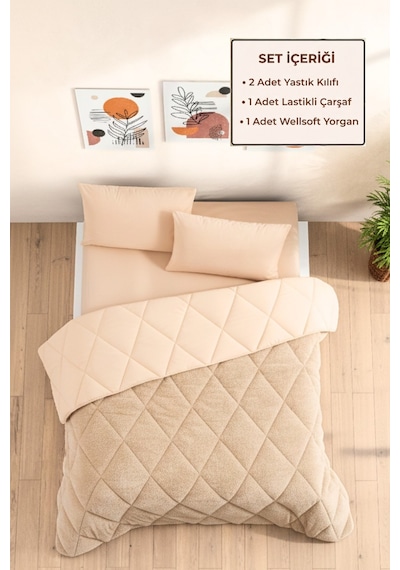 Battal Boy Lüx Wellsoft Çift Taraflı Yorgan Uyku Seti Yorgan+çarşaf+ 2 Adet Yastık Kılıfı Bej