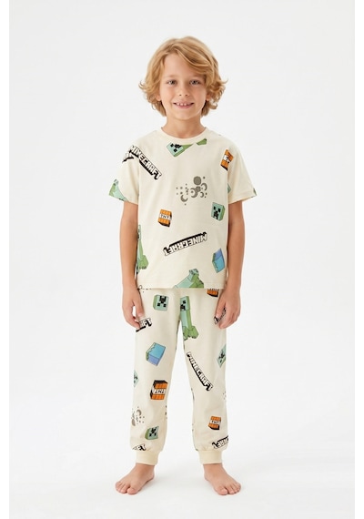 Bunny Hopp Yazlık Kısa Kollu Erkek Çocuk Pijama Takımı Oyun Desenli %100 Pamuk Krem