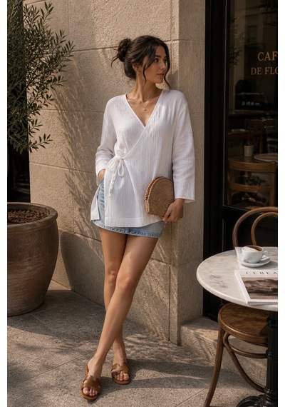 Bbbutikbasic Bağlamalı Müslin Kimono Ceket My3535 beyaz