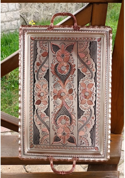 1 Mm Gül Çiçek Gümüşlü Dikdörtgen Bakır Tepsi
