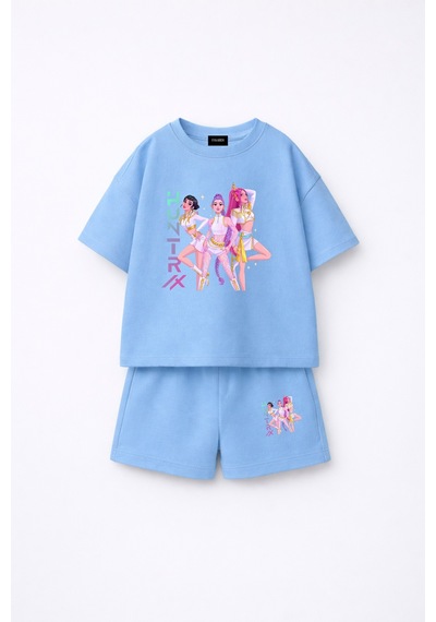 Fasardi Kpop Demon Hunters Huntrix Zoey Rumi Mira Baskılı Oversize %100 Pamuk Tişört Şort Çocuk Takım Mavi