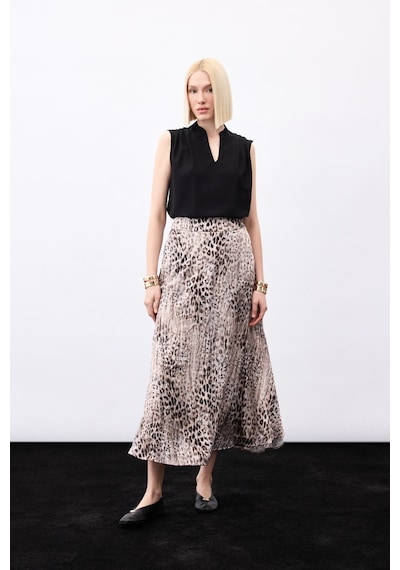 Sateen Leopar Desenli Uzun Etek - Kahve-136780 Kahve