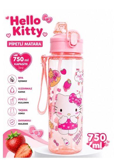 Fenomen Hello Kity Pipetli Matara 750 Ml Büyük Boy Askı Aparatlı Çantanın En Şirin Eşyası Hello Kity Matara Pembe