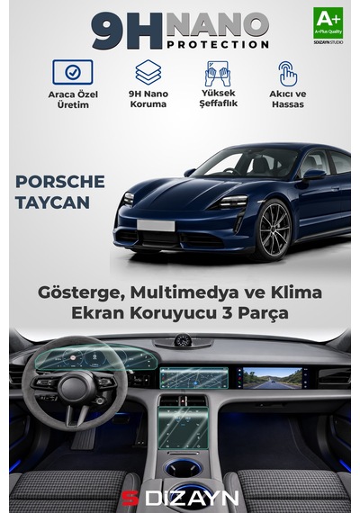 S-dizayn Porsche Taycan 9h Nano Gösterge, Multimedya Ve Klima Ekran Koruyucu 3'lü Set Parlak 2020 Üzeri A+ Kalite
