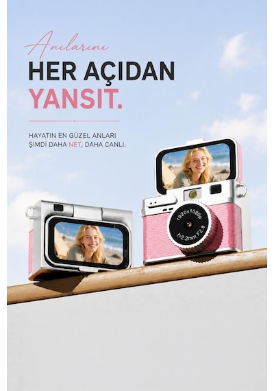 Mini Dijital Kamera 2k Flip Ekranlı Selfie Video Vlog Kamerası Cmr49 Pembe