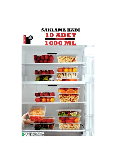 Kapaklı Derin Dondurucu Mikrodalga Saklama Kabı 1 L 10 Adet Şeffaf
