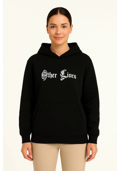 Vinevesta Kadın Kapüşonlu Kanguru Cepli Sweatshirt 3 İplik Pamuklu Baskılı Hoodie - Siyah Çok Renkli