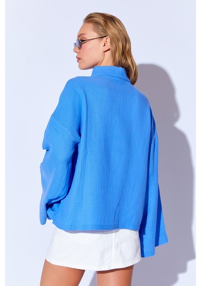 Manche Saks Kolları Salaş Yıkamalı Müslin Oversize Rahat Kalıp Kadın Basic Gömlek Mks166881-01 Manche Saks Kolları Salaş Yıkamalı Müslin Oversize Rahat Kalıp Kadın Basic Gömlek Mks166881-01