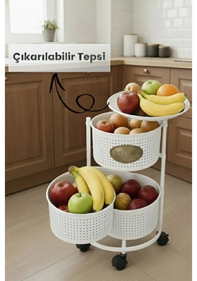 3 Katlı Tekerlekli Tepsili Kule Sebzelik Açılır Metal Patates Soğan Meyvelik Sepetli Raf Beyaz Beyaz