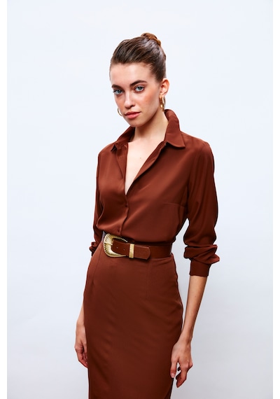 Sateen Düz Klasik Gömlek - Kahve-132874 Kahve